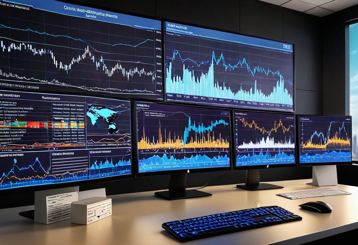 A dynamic and visually engaging representation of data mining and predictive analytics, featuring a series of flowing graphs and charts that illustrate time series trends. Incorporate elements like computer screens displaying data, data streams merging with digital clocks, and vibrant symbols of analytics tools. The background should suggest a blend of technology and analytics with a futuristic skyline. The color palette should be bold and vibrant to convey innovation. super-realistic. vibrant colors. digital art.