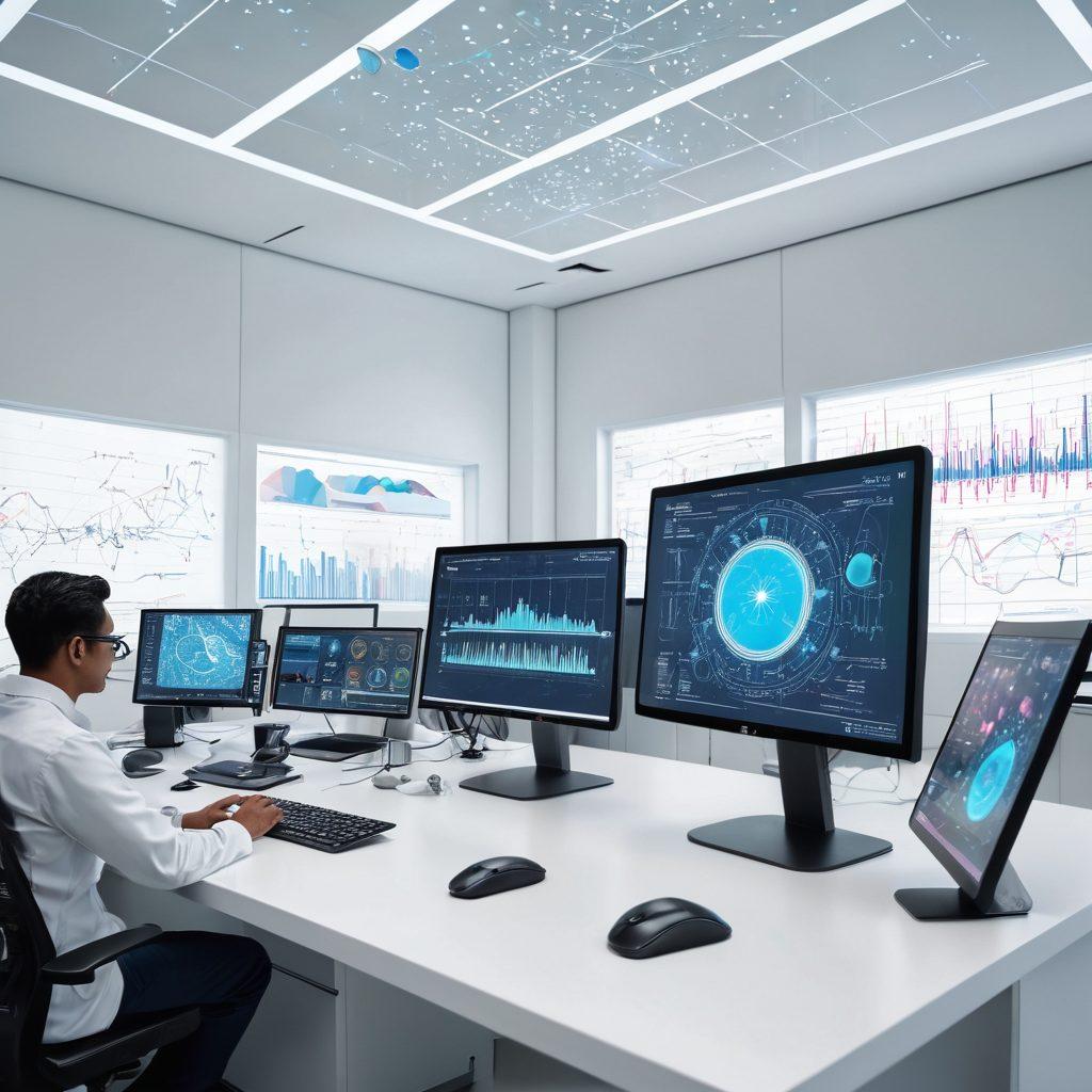 An artistic representation of a futuristic laboratory filled with advanced computers and statistical models displayed on screens, featuring graphs and data visualizations floating in the air. Scientists from diverse backgrounds collaborate with holographic charts, symbolizing innovation in analytics. The setting is vibrant and inspiring, with a blend of technology and creativity. super-realistic. vibrant colors. white background.